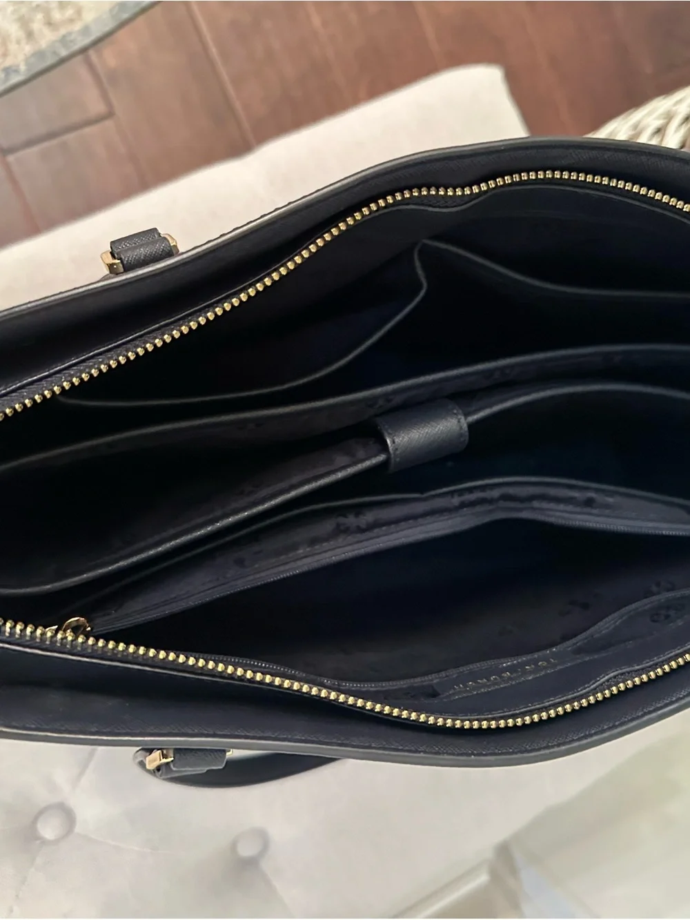 Tory Burch Navy Saffiano Leather Tote with Gold Logo